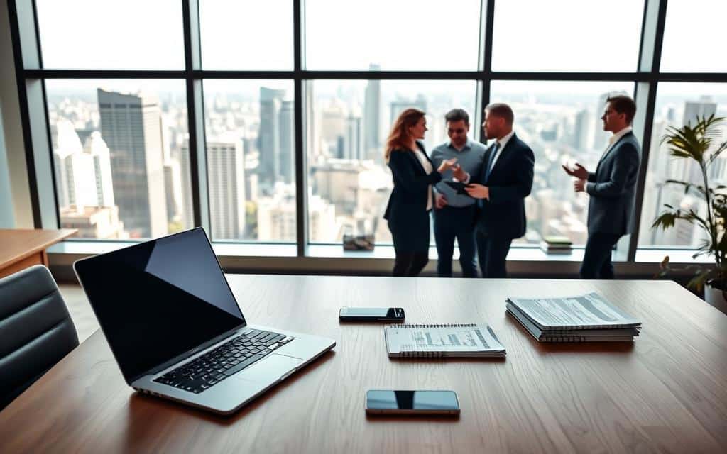 A brightly lit office interior, with a wooden desk in the foreground featuring a laptop, smartphone, and a stack of papers. In the middle ground, a group of people in business attire engaged in a collaborative discussion, gesturing towards the desk. The background showcases an expansive window overlooking a bustling city skyline, with soft, natural lighting filtering in. The overall scene conveys a sense of productivity, organization, and attention to detail - qualities that would be associated with "Best Practices for FSA Participants".