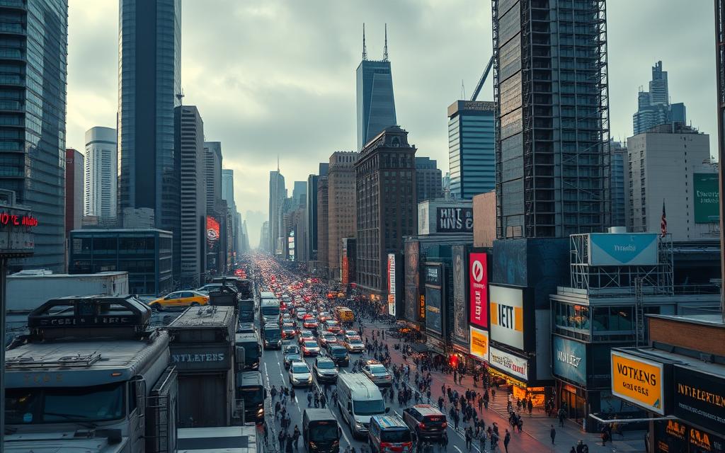 A bustling cityscape with towering skyscrapers, bustling streets, and a vibrant, dynamic energy. In the foreground, a visual representation of the key factors driving inflation - supply chain disruptions, rising commodity prices, and surging consumer demand. Use a cinematic, wide-angle lens to capture the scale and complexity of the urban landscape, with dramatic lighting and shadows to emphasize the weight and gravity of the economic forces at play. Convey a sense of unease and uncertainty, as the city grapples with the challenges of navigating an inflationary environment.