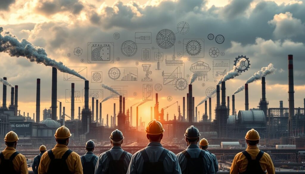 A bustling industrial landscape, with towering factories and smokestacks silhouetted against a cloudy sky. In the foreground, a collage of technical diagrams, blueprints, and mechanical schematics float, representing the essential hard skills that drive modern industry. The middle ground features workers in hardhats and overalls, their faces obscured, demonstrating the human capital that brings these skills to life. The background is a maze of gears, cogs, and intricate machinery, hinting at the complex, ever-evolving nature of industry trends. The scene is illuminated by a warm, golden light, creating a sense of energy and purpose. The overall composition conveys the vital role that hard skills play in propelling careers and shaping the future of the workplace.