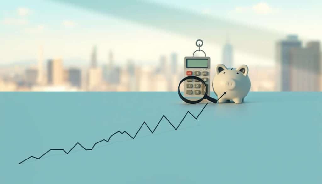 A clean, minimal composition depicting the basics of stock market investing. In the foreground, a simple graph displaying stock price movements, rendered in a sleek, vector-style. In the midground, a collection of financial icons - a calculator, a magnifying glass, a piggy bank - arranged with careful balance. The background is a softly blurred cityscape, suggesting the broader economic context. The overall mood is one of clarity, simplicity, and analytical focus, conveyed through a muted color palette and sharp, geometric forms. Lit by cool, directional lighting that casts long shadows, creating depth and visual interest.