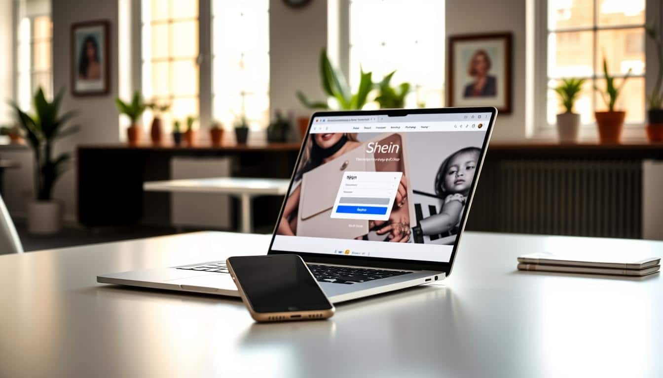 A clean, modern office interior with natural lighting streaming through large windows. On a sleek desk, a laptop displays a web browser open to the Shein website's signup page. Nearby, a smartphone lays screen-up, showcasing the Shein mobile app. The background features a minimalist decor with potted plants and framed artwork, conveying a sense of professionalism and approachability. The overall mood is one of simplicity, clarity, and accessibility, inviting the viewer to explore the process of requesting free Shein clothes.