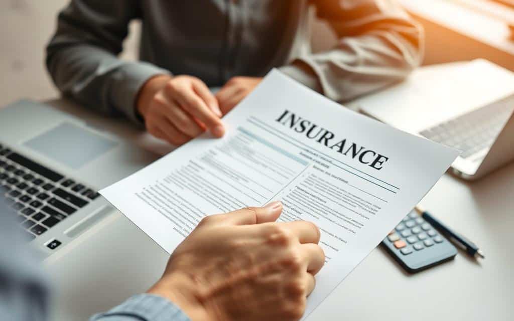 A close-up shot of a young adult's hands holding a health insurance policy document, with a laptop, pen, and calculator in the background. The scene is well-lit, with soft, warm lighting highlighting the details of the insurance papers. The composition emphasizes the importance of individual health coverage, conveying a sense of responsibility and financial security. The overall mood is one of thoughtfulness and careful consideration, as the individual reviews their healthcare options.