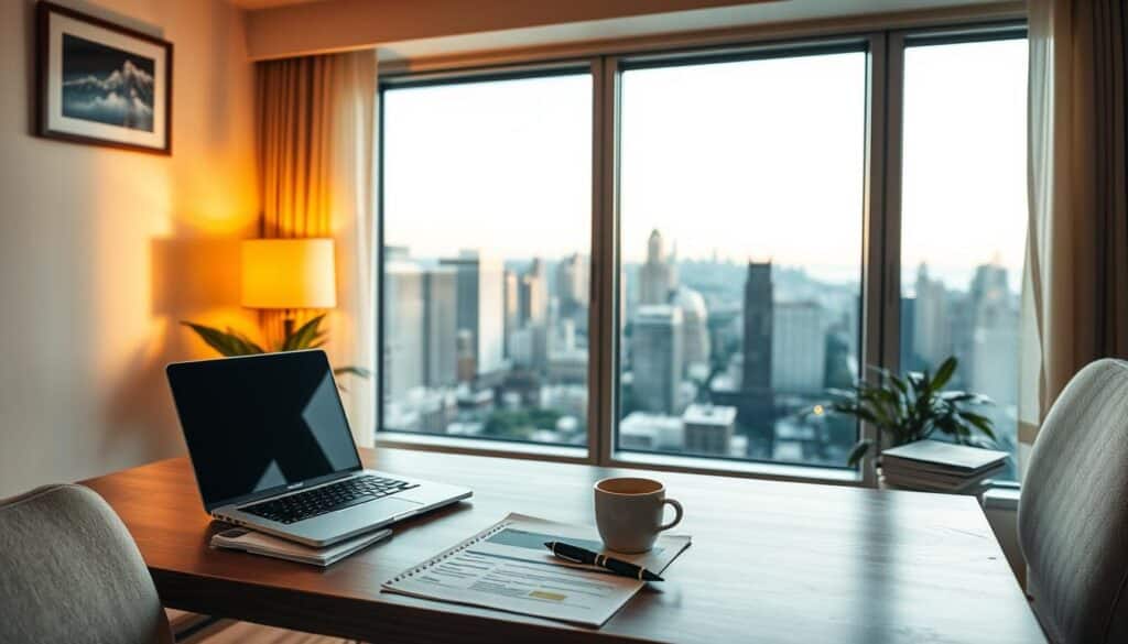 A cozy, well-lit home office with a wooden desk, a laptop, and a stack of financial documents. In the background, a panoramic window overlooking a bustling city skyline. Soft, warm lighting casts a gentle glow, creating an atmosphere of focus and productivity. On the desk, a cup of coffee and a pen, symbolizing the diligence and attention required to build credit. The room exudes a sense of organization and control, reflecting the journey of a beginner taking charge of their financial future.