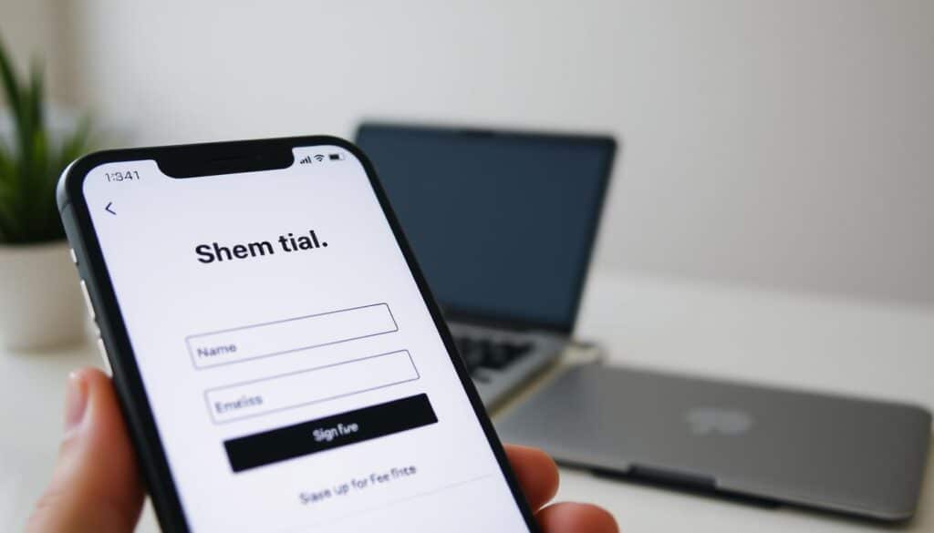 A crisp, well-lit image of a smartphone screen displaying the Shein free trial sign-up page. The foreground features the sign-up form with input fields for name, email, and address. The middle ground showcases the "Sign Up for Free" button prominently, inviting the viewer to take action. The background subtly depicts a minimalist office setting, with a laptop and workspace visible, suggesting a professional and trustworthy environment. The overall mood is clean, modern, and visually appealing, reflecting the Shein brand's aesthetic. The composition and lighting are designed to draw the viewer's attention to the key sign-up elements.