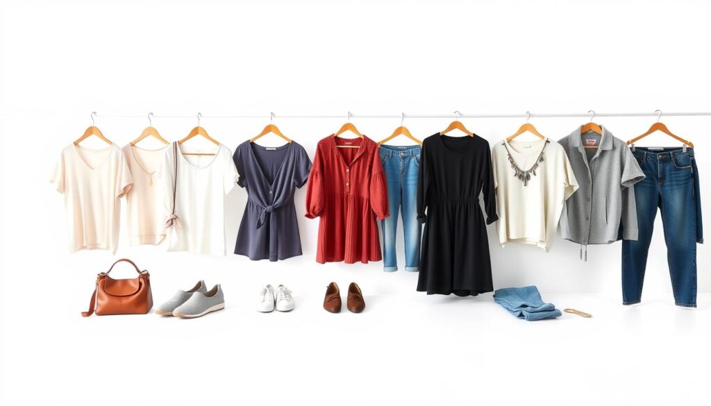 A crisp, well-lit studio shot of various articles of free clothing from Shein neatly arranged on a clean white background. The foreground features a selection of casual tops, dresses, and bottoms in a range of trendy styles and colors. The middle ground showcases a pair of comfortable shoes and accessories such as bags and jewelry. The background subtly fades to pure white, creating a minimalist, aspirational atmosphere that highlights the quality and variety of the free Shein clothing on display. Captured with a medium-format lens at a slightly high angle to emphasize the generous sizes and generous nature of the free clothing offer.