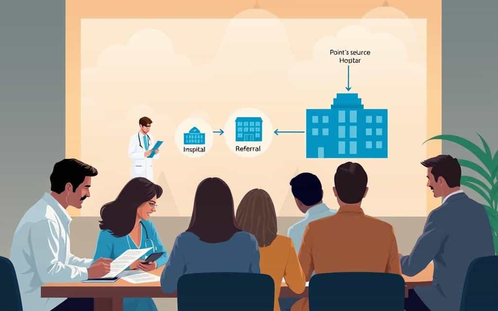 A detailed illustration of a Point of Service (POS) health insurance plan. In the foreground, a group of people gather around a table, reviewing plan documents and discussing their options. Behind them, a visual representation of the POS model, with a doctor's office, hospital, and insurance provider icons connected by arrows, highlighting the network and referral process. The background features a warm, professional office setting with clean lines, soft lighting, and a subtle color palette to convey a sense of trust and reliability. The overall composition emphasizes the collaborative nature of the POS plan, with a focus on the flexibility and coordination between healthcare providers and the insurance provider.