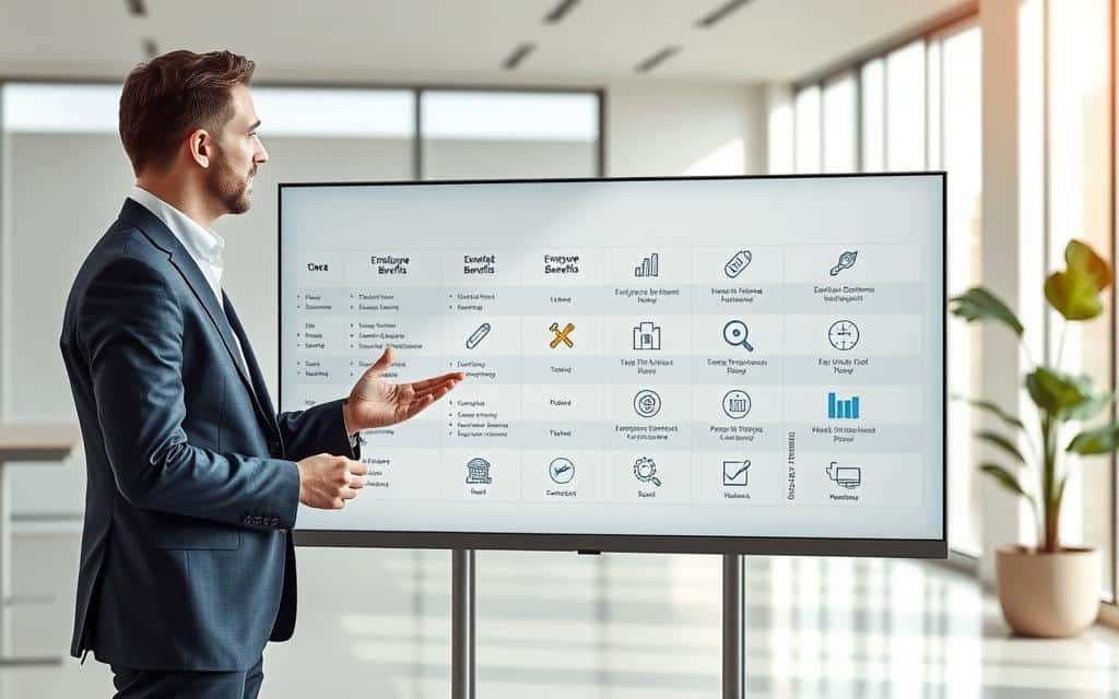 A detailed visual explanation of employee benefits package, presented in a clean, informative style. In the foreground, a professional-looking business person stands explaining a benefits chart on a sleek, modern display. The middle ground showcases various employee benefits icons such as healthcare, retirement, and paid time off. The background features a minimalist office setting with natural lighting through large windows, creating a calm, professional atmosphere. The overall mood is one of clarity, thoughtfulness, and financial literacy. The image should convey the financial implications of offering a comprehensive benefits package to employees.