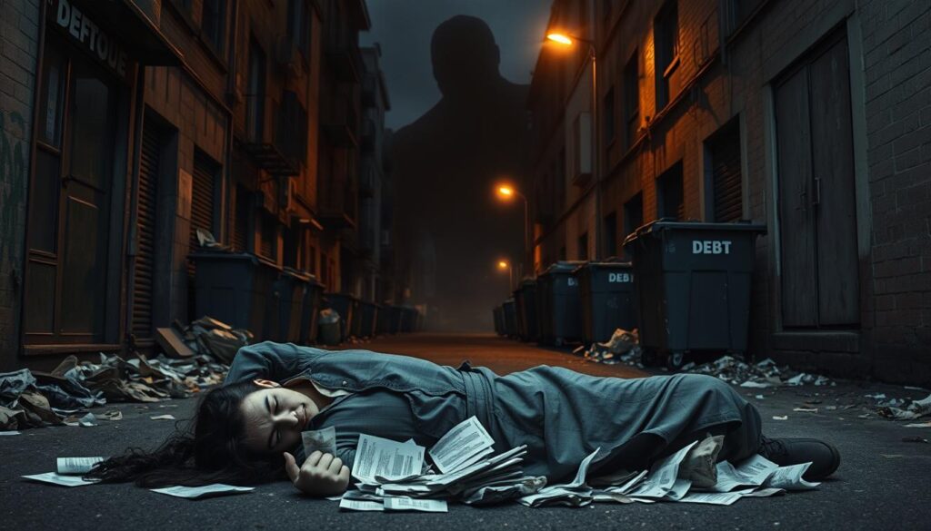 A dimly lit urban alley, lined with dilapidated buildings and overflowing dumpsters. In the foreground, a person lies slumped on the ground, surrounded by crumpled bills and debt notices. Their face is obscured, conveying a sense of hopelessness and despair. The middle ground features a towering, ominous shadow looming over the scene, representing the relentless pressure of mounting debt. The background is shrouded in a hazy, oppressive atmosphere, with a distant streetlight casting an eerie glow, highlighting the harsh consequences of poor financial decisions.