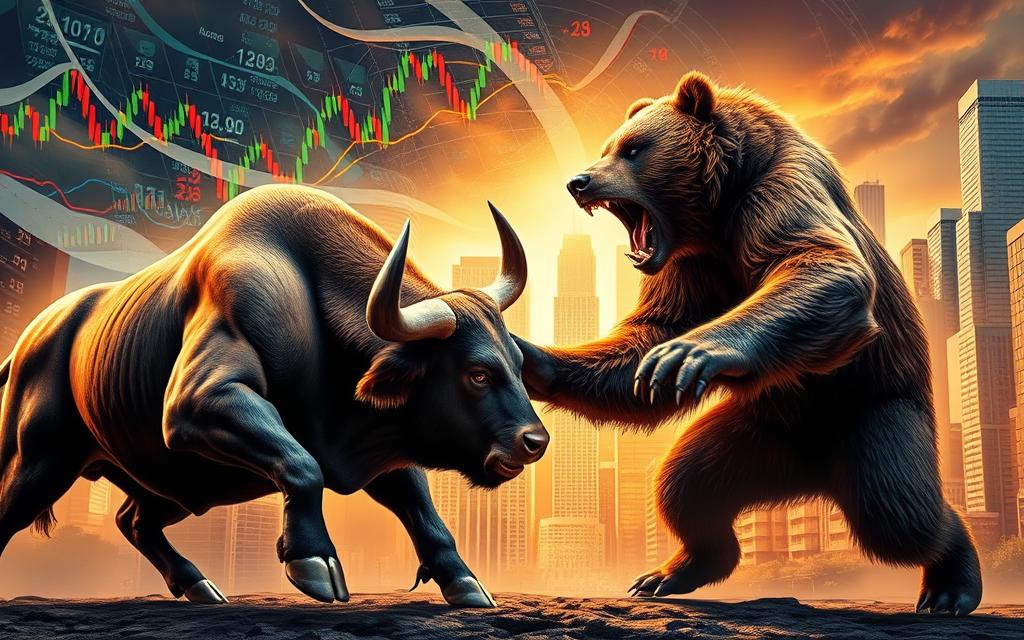 A fierce bull and a cunning bear locked in a dramatic clash, set against a dynamic, vibrant financial landscape. In the foreground, the bull's muscular frame charges forward, its horns raised in defiance, while the bear's powerful paws swipe and slash, its jaws open in a ferocious roar. The middle ground features a swirling backdrop of stock charts, candlestick patterns, and trading data, hinting at the high-stakes battle unfolding. In the distance, a cityscape of towering skyscrapers and bustling streets sets the scene, bathed in warm, golden light that casts dramatic shadows and highlights the intensity of the confrontation. The overall mood evokes a sense of the unpredictable and ever-changing nature of the markets.