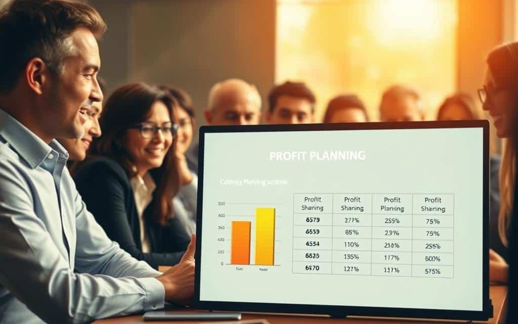 A group of people gathered around a table, engaged in a lively discussion about financial planning. The scene is well-lit, with warm, golden tones that create a sense of cooperation and prosperity. In the foreground, a presentation screen displays a chart depicting the company's profit-sharing scheme, its numbers and percentages conveying the tangible benefits for the employees. The middle ground features the attentive faces of the team, their expressions reflecting their investment in the shared success of the organization. The background is blurred, allowing the focus to remain on the central figures and the information they are examining together.