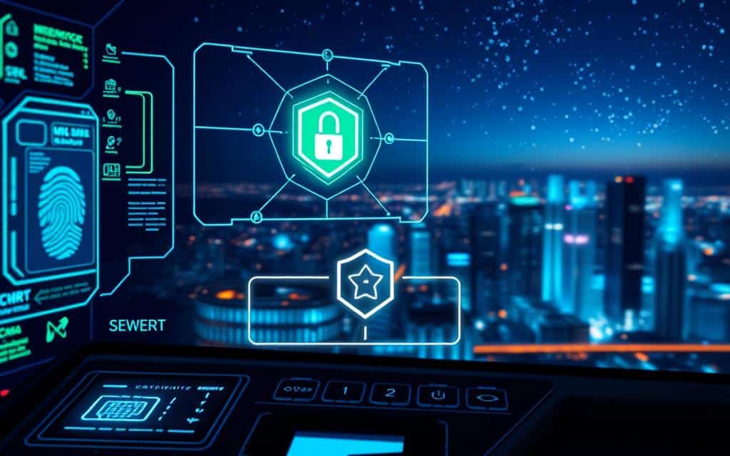 A high-tech control panel with a holographic display projecting a secure network diagram, illuminated by cool blue and green hues. In the foreground, a fingerprint scanner and a complex encryption algorithm represented by a spinning hexagonal shape. The middle ground showcases a firewall monitoring incoming and outgoing data streams, while the background depicts a serene, futuristic cityscape with skyscrapers and a night sky filled with stars, symbolizing the vast, interconnected nature of the digital world that cybersecurity aims to protect.