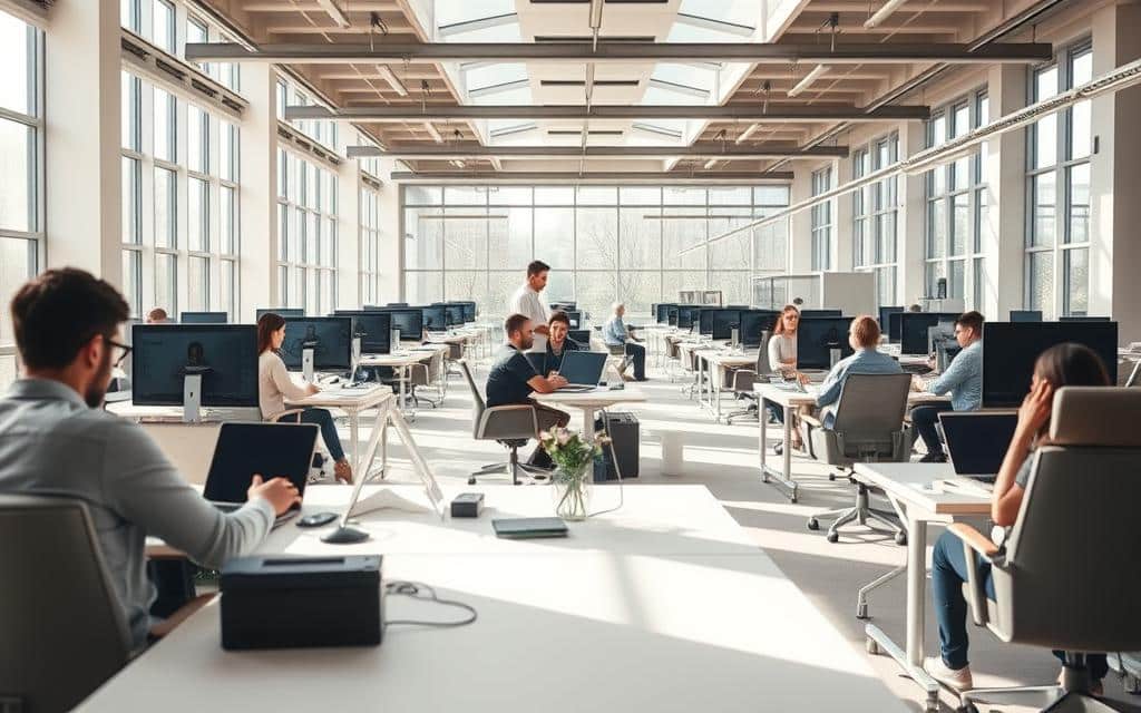 A large open-plan office with rows of desks, laptops, and employees working remotely via video calls. Bright natural light streams in through expansive windows, creating a warm, productive atmosphere. In the foreground, a team collaborates on a project, while in the background, others take meetings from the comfort of ergonomic chairs. Subtle, muted colors evoke a modern, minimalist aesthetic. The image conveys a sense of flexibility, efficiency, and the new normal of remote work.