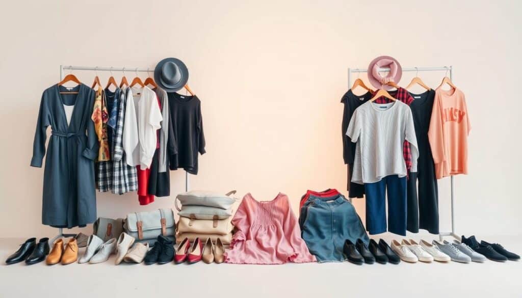A meticulously curated collection of Shein clothing items arranged against a clean, bright background. The foreground features an array of fashionable garments, including tops, bottoms, and accessories, neatly displayed to showcase their design and quality. The middle ground showcases the items in a natural, uncluttered setting, allowing the viewer to focus on the products. The background is a softly lit, minimalist space, creating a sense of simplicity and elegance. The overall composition conveys a sense of effortless style and the high-quality, free offerings available through the Shein trial program.