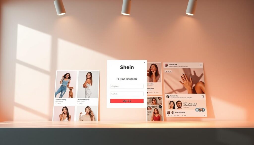 A modern and visually appealing digital interface showcasing the Shein Influencer sign-up process. The foreground features a sleek, minimalist login screen with input fields for user details and a prominent "Sign Up" button. The middle ground displays product images, influencer profile cards, and a vibrant social media feed, conveying the collaborative and engaging nature of the influencer program. The background is a soft, gradient-based palette, creating a professional and aspirational atmosphere. Warm lighting from above casts subtle shadows, adding depth and dimensionality to the scene. The overall composition is balanced, with clean lines and a cohesive color scheme, reflecting the streamlined and user-friendly Shein brand.