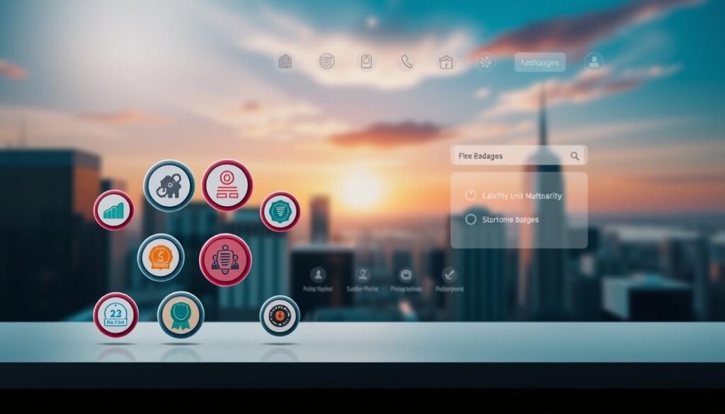 A modern digital badge system displayed on a sleek, minimalist website. In the foreground, several badge icons hover in a grid layout, each with a distinct design and color scheme. The middle ground features a clean user interface with various menu options and tools for badge creation and management. In the background, a blurred cityscape with skyscrapers and a vibrant, sunlit sky sets a professional, tech-forward atmosphere. Soft, directional lighting illuminates the scene, casting subtle shadows and highlights on the interface elements. The overall impression is one of a streamlined, user-friendly platform for building and distributing digital credentials.