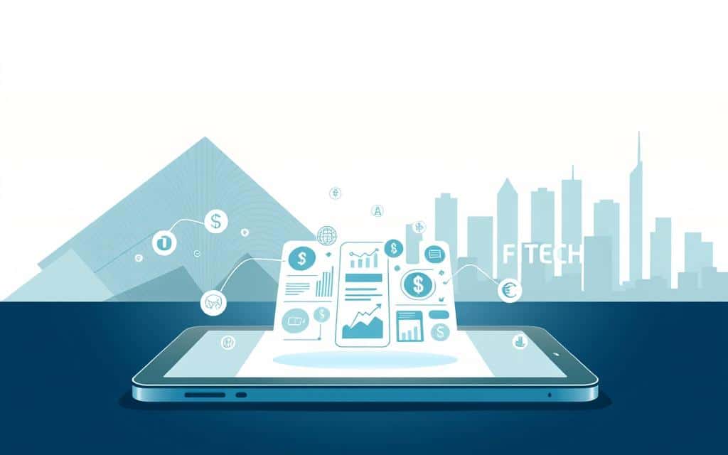 A modern, minimalist illustration depicting the concept of fintech (financial technology). In the foreground, a sleek, futuristic mobile device or tablet displays various financial icons and interfaces. In the middle ground, abstract geometric shapes and patterns in shades of blue, green, and gray represent the interconnected, digital nature of fintech. In the background, a subtle cityscape skyline with skyscrapers and towers, symbolizing the integration of fintech into the urban landscape. The overall mood is one of progress, innovation, and the seamless integration of finance and technology. Soft, directional lighting creates depth and emphasizes the clean, contemporary aesthetic.