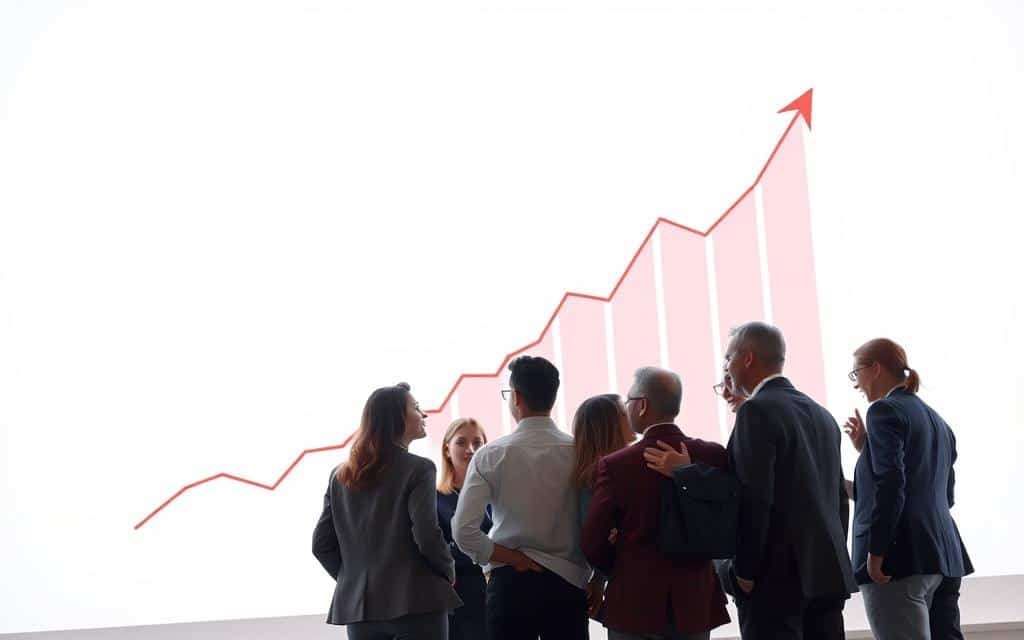 A modern, minimalist stock chart against a clean, white background, with a focus on the "Equity" axis. The chart's lines are rendered in a bold, vibrant color palette, highlighting the upward trend. In the foreground, a group of diverse business people, dressed in professional attire, are gathered around the chart, engaged in a thoughtful discussion. The lighting is soft and diffused, creating a sense of collaboration and insight. The overall composition conveys a sense of progress, analysis, and the strategic importance of equity in a company's growth and development.