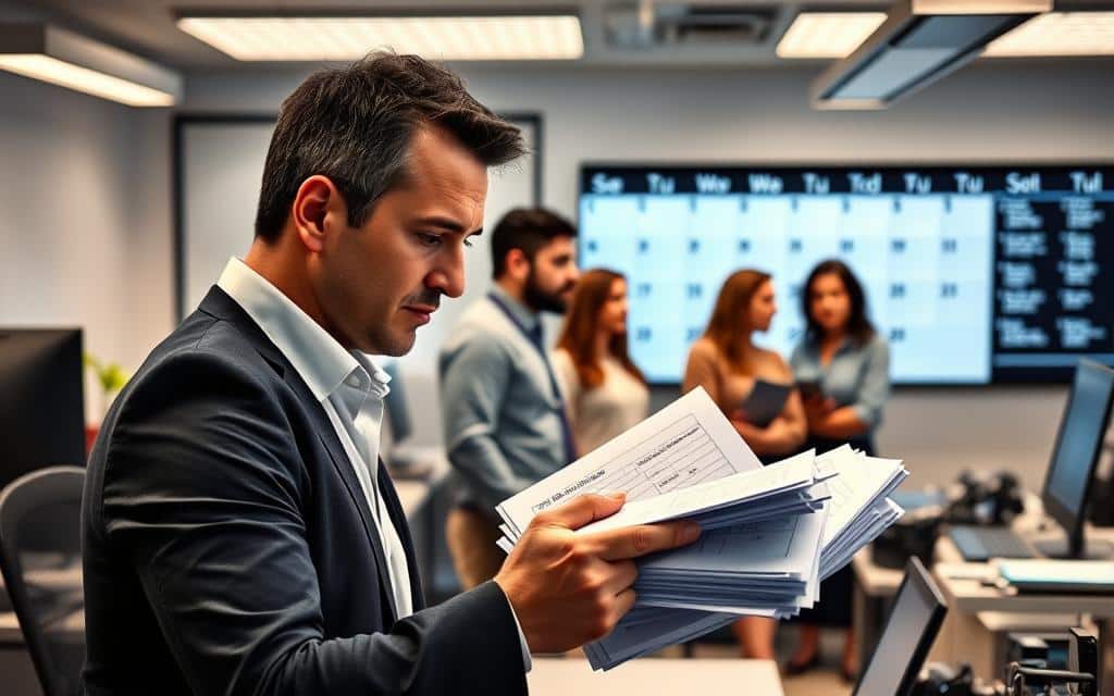 A modern office setting with a desk, computer, and various office supplies. In the foreground, a manager reviews a stack of PTO request forms, brow furrowed in concentration. The middle ground features employees lining up to discuss their PTO needs, their expressions ranging from eager anticipation to mild trepidation. In the background, a digital calendar displays the upcoming weeks, highlighting the various PTO slots. Soft, diffused lighting emanates from overhead fixtures, creating a warm, professional ambiance. The overall scene conveys the delicate balance of managing employee time-off requests while ensuring the smooth operation of the organization.
