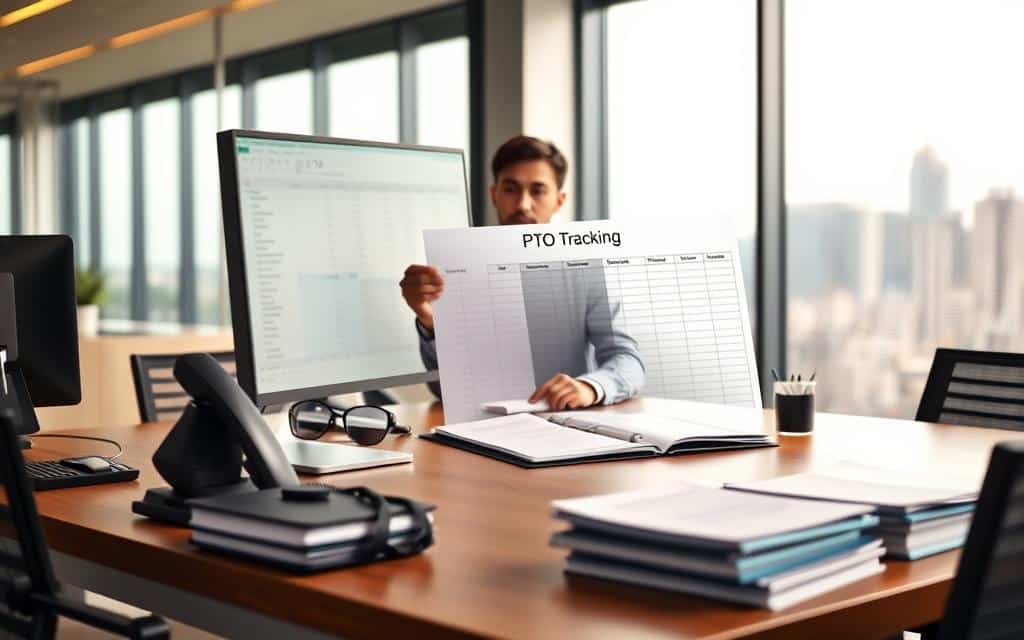 A modern office setting with a large desk and computer monitor prominently featuring a spreadsheet labeled "PTO Tracking". The desk is neatly organized, with a telephone, pen holder, and a stack of files in the foreground. In the middle ground, a person in business attire is diligently reviewing the PTO spreadsheet, their expression focused and attentive. The background showcases an expansive window overlooking a cityscape, with a warm, diffused lighting creating a professional and productive atmosphere. The overall scene conveys the employer's responsibility in managing and tracking their employees' paid time off.