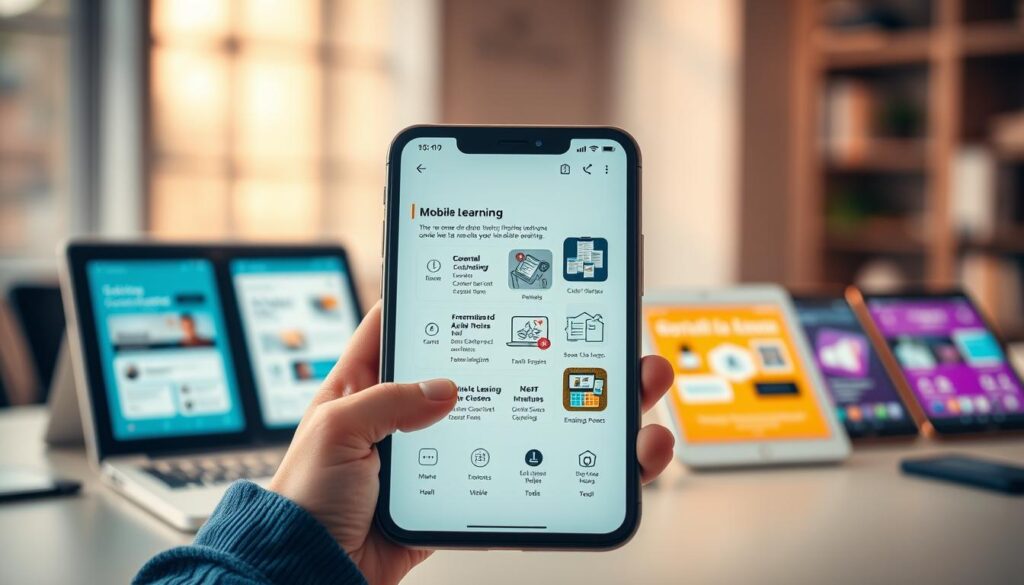 A modern, vibrant mobile learning app interface, with a clean and intuitive design. Centered in the frame, a sleek tablet or smartphone displays educational content - interactive lessons, informative graphics, and engaging multimedia. The foreground features clean typography, minimalist icons, and an uncluttered layout, inviting the user to explore. The middle ground showcases a range of mobile devices, each showcasing a different educational app or learning module. The background is softly blurred, hinting at a technology-driven, innovative learning environment. Warm, natural lighting illuminates the scene, conveying a sense of approachability and ease of use. The overall mood is one of sophistication, productivity, and the seamless integration of mobile technology into the modern learning experience.
