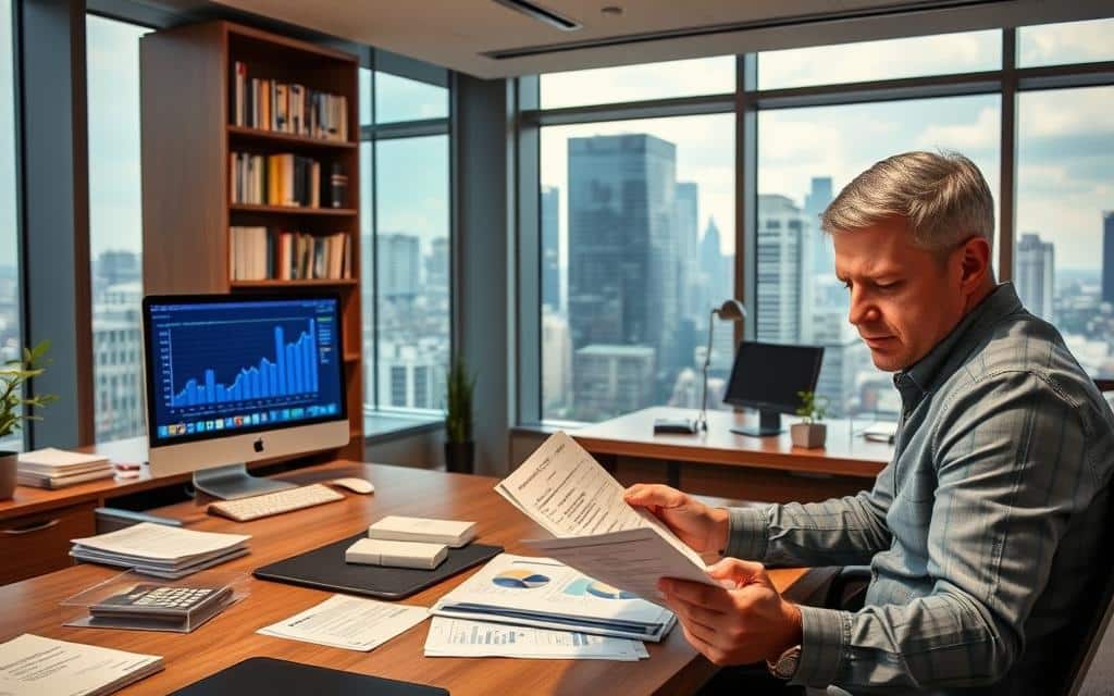 A modern, well-lit office setting. In the foreground, a worker sits at a desk, studying financial documents related to a 401(k) plan. Their expression is one of focused contemplation. The middle ground features a bookshelf filled with relevant financial literature, and a desktop computer displaying charts and graphs. In the background, large windows offer a view of a bustling city skyline, symbolizing the broader financial landscape. The overall atmosphere conveys a sense of professionalism and diligence in managing one's retirement savings.