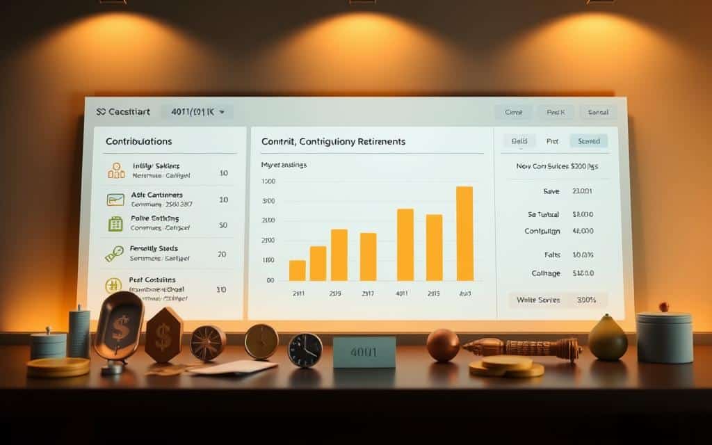 A neatly organized financial dashboard illustrating 401(k) contribution options. In the foreground, various investment icons and symbols representing different contribution levels and strategies. The middle ground features a clear bar chart displaying the potential growth of retirement savings under different contribution scenarios. The background has a muted color palette with subtle geometric patterns, conveying a sense of stability and professionalism. Warm, directional lighting casts a subtle glow, highlighting the key information. The overall scene has a clean, minimalist aesthetic that invites the viewer to explore the nuances of maximizing 401(k) contributions for a secure retirement.