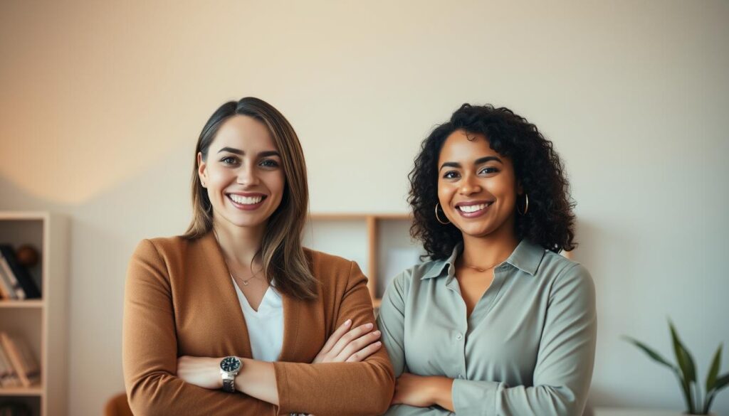 A professional, friendly, and encouraging person standing side-by-side with another individual, their body language conveying support and shared commitment. The pair are situated in a warm, softly-lit interior setting, perhaps an office or home workspace, with minimalist yet tasteful decor in the background. The individuals' expressions radiate a sense of focus, determination, and mutual accountability as they collaborate on their personal development goals.