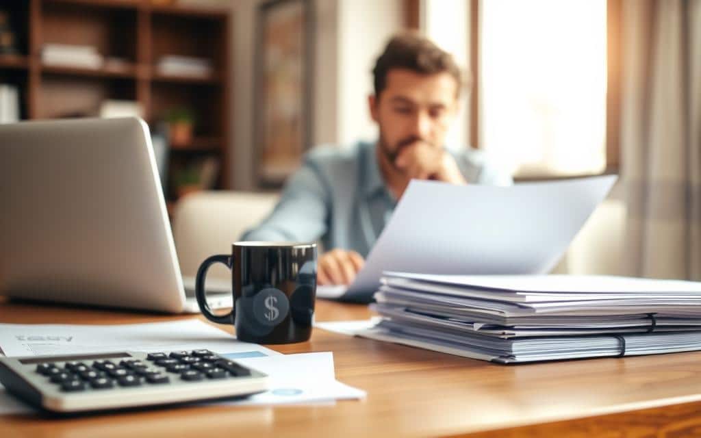 A serene, contemplative office setting with a wooden desk, a laptop, and a stack of papers representing tax forms and financial documents. In the foreground, a calculator and a coffee mug sit neatly arranged, conveying the analytical and meticulous nature of the task at hand. The middle ground features a thoughtful individual, their expression focused, as they review the paperwork, considering the tax implications of the tuition reimbursement program. The background is softly blurred, suggesting a tranquil, professional atmosphere. Warm, natural lighting filters in through a nearby window, creating a sense of clarity and purpose. The overall scene captures the thoughtful, diligent process of navigating the tax considerations related to employee tuition reimbursement.