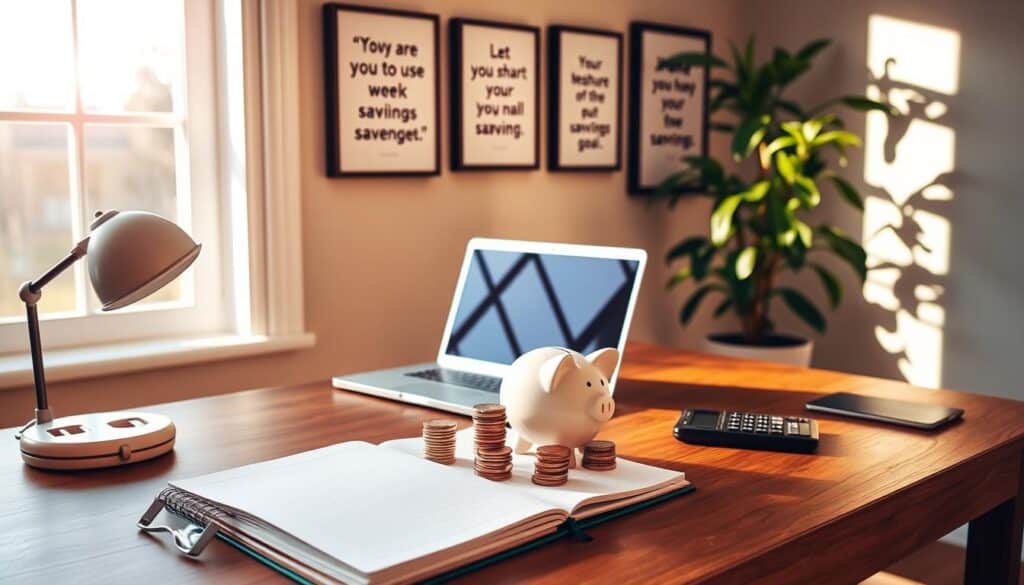 A serene home office with a wooden desk showcasing an open notebook, a piggy bank, and neatly stacked coins. The scene is bathed in warm, natural lighting through a large window, casting a cozy glow. On the desk, a laptop and a calculator symbolize financial planning. The walls are adorned with framed motivational quotes about saving and financial responsibility. A lush potted plant in the corner adds a touch of vitality, reflecting the growth and prosperity of well-managed savings goals.