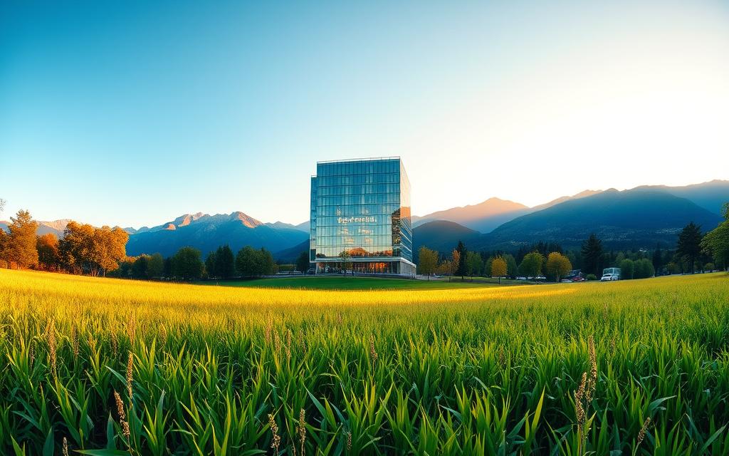 A serene, well-balanced landscape depicting the core principles of ESG investing. In the foreground, a lush, verdant meadow symbolizes environmental sustainability, with vibrant flora and fauna. In the middle ground, a modern glass-and-steel office building represents the corporate governance aspect, bathed in warm, golden light. In the background, a picturesque mountain range and a clear blue sky convey the social responsibility and long-term vision inherent in ESG. The overall scene is captured through a wide-angle lens, creating a harmonious, panoramic composition that reflects the holistic nature of ESG investing.