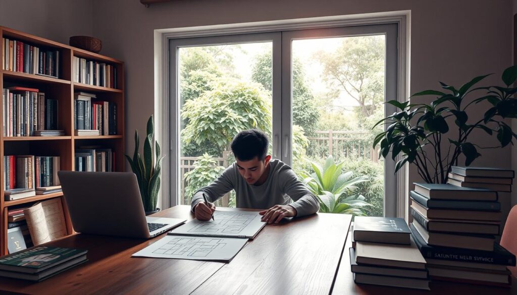 A serene, well-lit home office with a wooden desk, a laptop, and a stack of books. In the foreground, a person sits at the desk, contemplatively sketching out a detailed plan on a notepad. The middle ground features a bookshelf filled with volumes on diverse subjects, symbolizing a thirst for lifelong learning. The background showcases a large window overlooking a lush, verdant garden, bathed in soft, natural light, conveying a sense of tranquility and inspiration. The overall mood is one of focused dedication, openness to new knowledge, and a harmonious balance between work and personal growth.