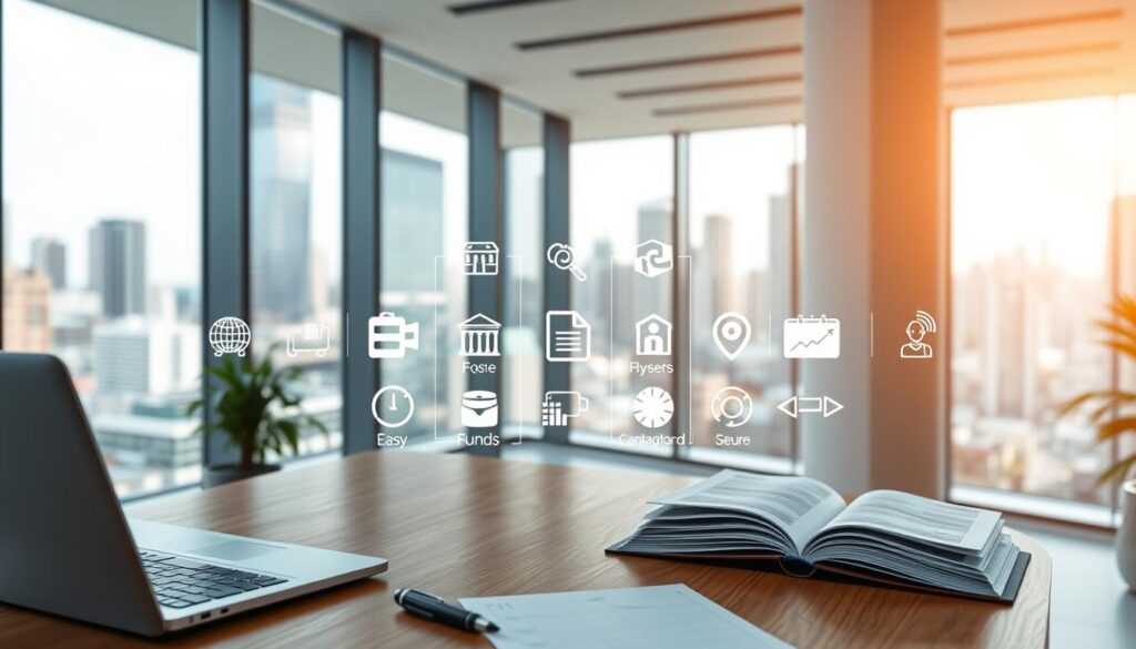 A sleek, modern office interior with floor-to-ceiling windows overlooking a bustling cityscape. In the foreground, a wooden desk with a laptop, a pen, and an open checkbook, symbolizing the financial management aspects of a checking account. The middle ground features an array of icons and infographic elements, visually highlighting the key benefits of a checking account, such as easy access to funds, bill payment capabilities, and secure transactions. The background is bathed in warm, natural lighting, creating a professional and inviting atmosphere, conveying the sense of financial stability and control that a well-managed checking account can provide.