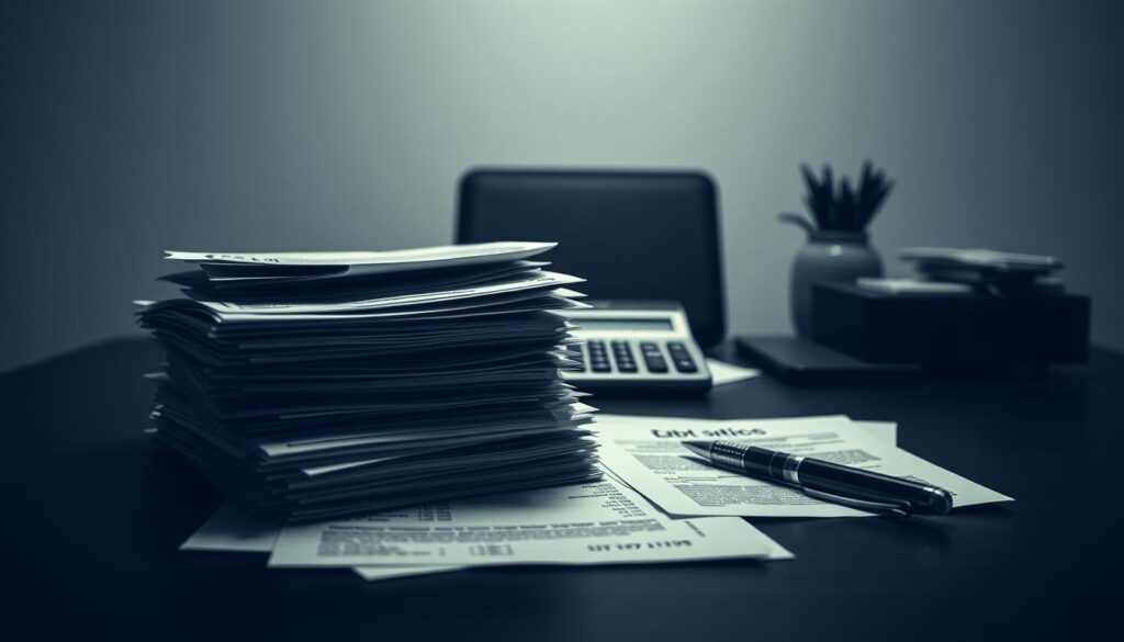 A stark, minimalist composition capturing the essence of financial liabilities. In the foreground, a stack of debt notices, bills, and loan documents cast in muted tones, conveying the weight and burden of obligations. The middle ground features a calculator and a pen, symbolizing the meticulous accounting required to manage these liabilities. The background is a simple, blurred office setting, emphasizing the focus on the financial details. Dramatic, low-key lighting casts deep shadows, creating a palpable sense of gravity and unease. Captured with a medium-format film camera, the image has a timeless, contemplative quality, reflecting the serious nature of the subject matter.