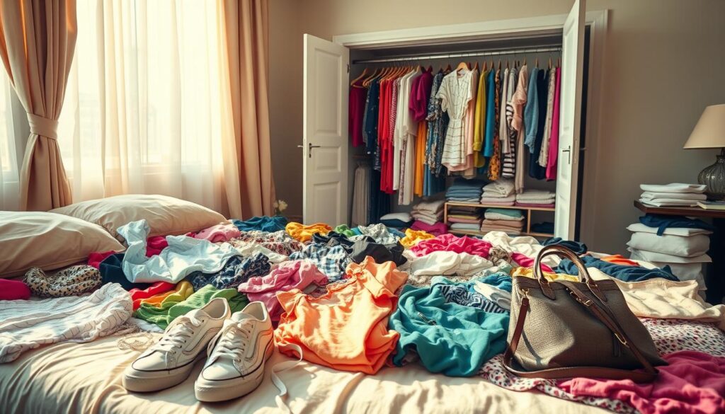 A stylish bedroom interior, filled with a vibrant array of free Shein clothing items scattered across the bed and floor. Soft, natural lighting filters through sheer curtains, casting a warm, inviting glow. The clothes, in a variety of colors, patterns, and styles, are casually arranged, creating a sense of abundance and endless possibilities. In the foreground, a pair of trendy sneakers and a designer-inspired handbag hint at the versatility of the Shein offerings. The middle ground features neatly folded tops, dresses, and accessories, while the background showcases an open closet brimming with even more free Shein garments. The overall atmosphere conveys a sense of effortless style and the thrill of an ever-expanding wardrobe.