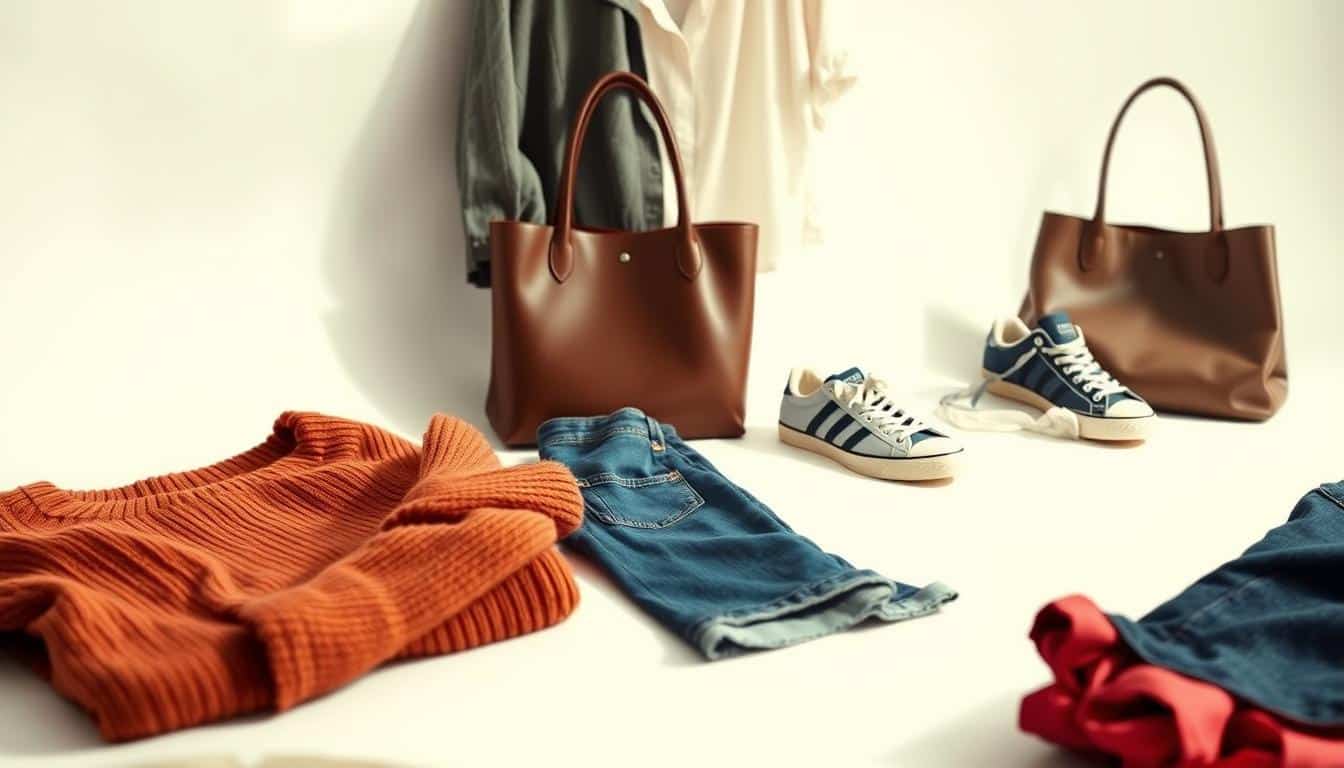 A stylish, minimalist display of free Shein clothing items arranged on a pristine white backdrop. A soft, natural lighting illuminates the various garments, showcasing their textures and vibrant colors. In the foreground, a neatly folded sweater, a pair of stylish jeans, and a chic blouse capture the attention, while in the middle ground, accessories like a leather tote bag and a pair of trendy sneakers complement the ensemble. The background features a clean, uncluttered setting, allowing the clothes to take center stage and exude a sense of effortless elegance. The overall mood is one of simplicity, quality, and the allure of obtaining these desirable fashion pieces for free.