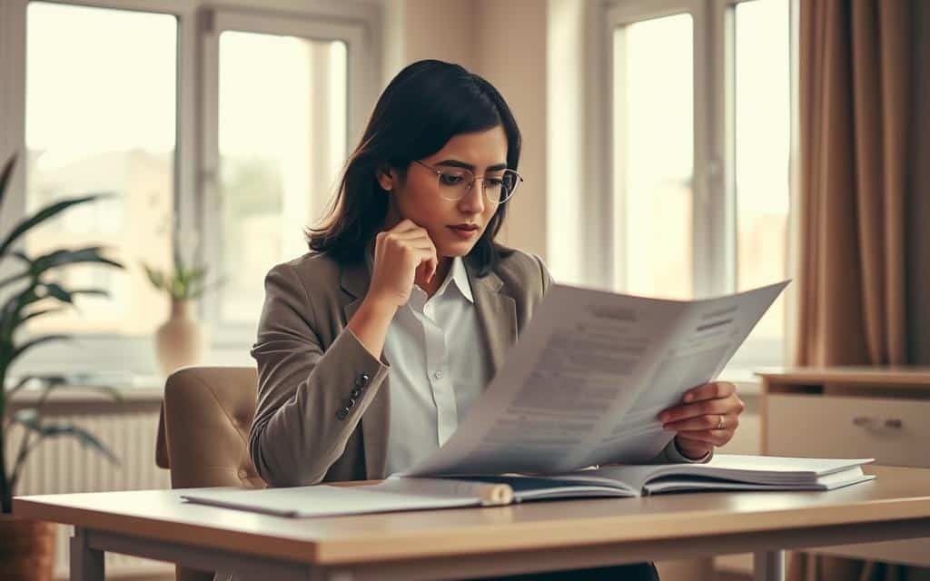 A thoughtful professional carefully evaluating a job description, considering the role's responsibilities, required skills, and growth potential. The scene is set in a cozy, well-lit office with a large window letting in natural light. The protagonist sits at a minimalist desk, brow furrowed in concentration as they review documents and take notes. Warm hues create an inviting atmosphere, conveying the importance of finding the right job fit beyond just the salary. The composition emphasizes the decision-making process, with the person's face obscured to represent the introspective nature of this assessment.