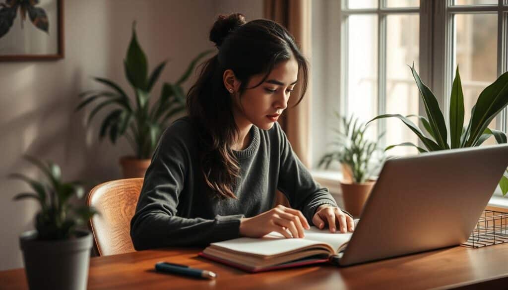 A thoughtful self-assessment of one's soft skills, showcased against a warm, contemplative backdrop. A person sits at a wooden desk, gazing introspectively at a journal or laptop, surrounded by potted plants and a soft, diffused light filtering through a window. The scene exudes a sense of focus, self-reflection, and the process of evaluating and developing personal strengths and areas for growth. The overall mood is one of quiet contemplation, with attention to detail and a balanced, harmonious composition.