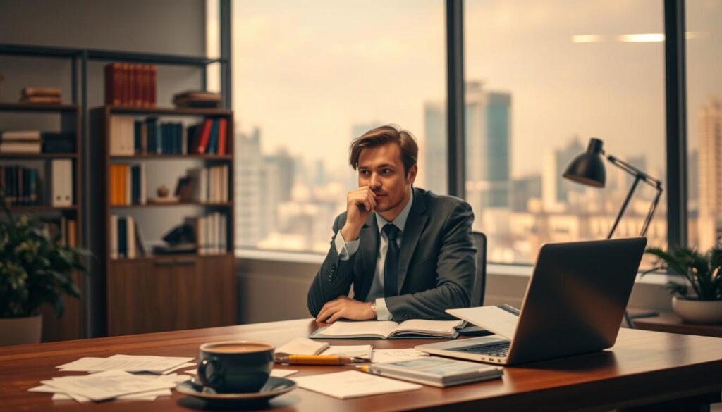 A tranquil office setting, with a pensive businessperson contemplating career transition. The foreground features a desk with a laptop, a cup of coffee, and scattered notes hinting at the process of reskilling. The middle ground showcases a bookshelf filled with educational materials, symbolizing the commitment to lifelong learning. The background depicts a softly blurred cityscape, suggesting the broader context of professional opportunity. Warm, diffused lighting creates a contemplative atmosphere, inviting the viewer to consider the transformative power of reskilling in navigating a dynamic career path.
