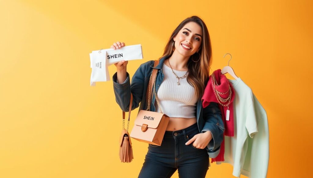 A trendy influencer posing with an array of Shein merchandise, against a vibrant, minimalist backdrop. The influencer is wearing a stylish Shein outfit, casually displaying various Shein accessories and clothing items. Soft, natural lighting illuminates the scene, creating a warm, inviting atmosphere. The composition emphasizes the influencer's approachable and relatable presence, showcasing the accessible and aspirational nature of Shein's collaborations. The image conveys a sense of effortless fashion and the excitement of discovering new Shein products through influential partnerships.