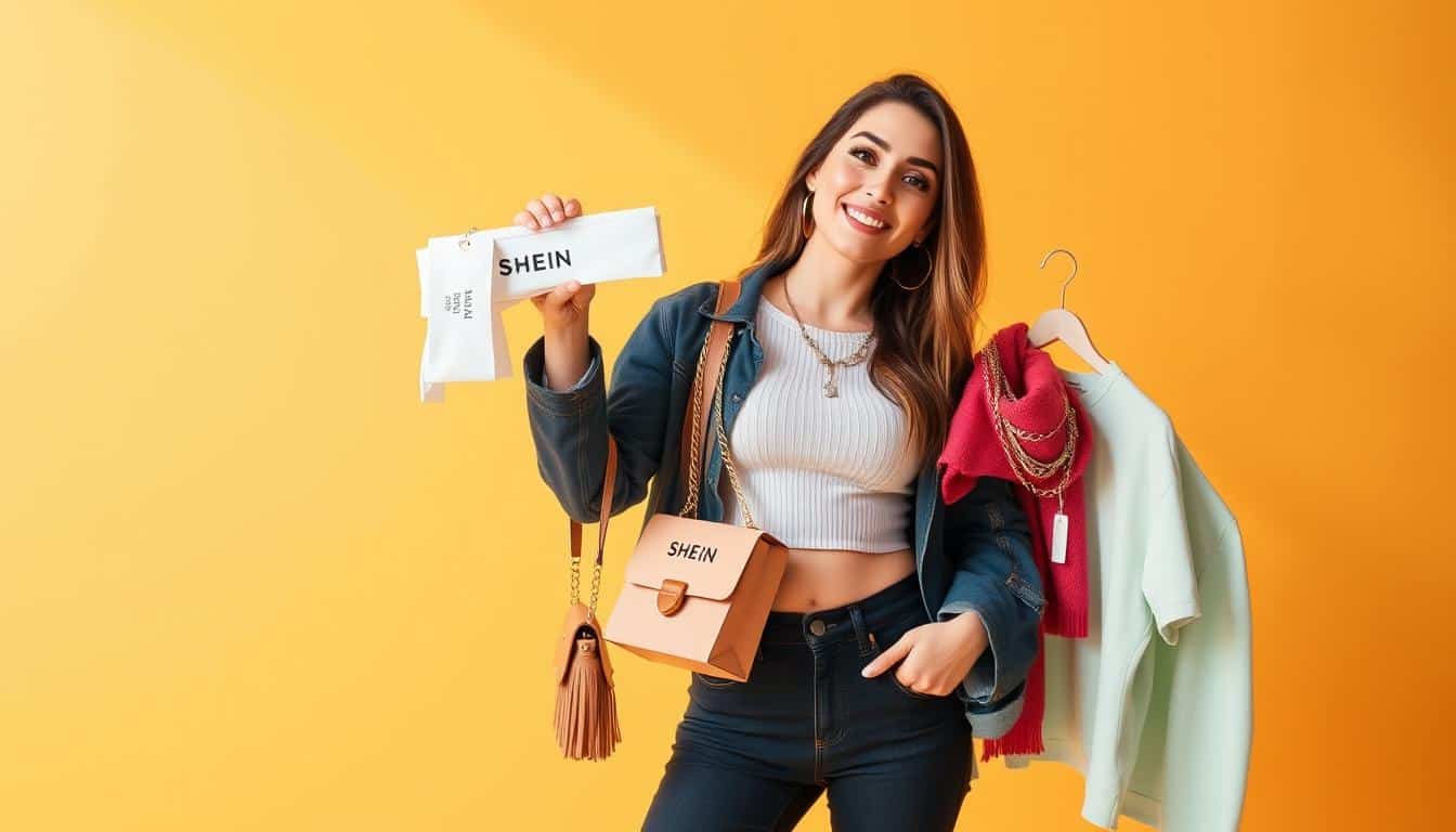 A trendy influencer posing with an array of Shein merchandise, against a vibrant, minimalist backdrop. The influencer is wearing a stylish Shein outfit, casually displaying various Shein accessories and clothing items. Soft, natural lighting illuminates the scene, creating a warm, inviting atmosphere. The composition emphasizes the influencer's approachable and relatable presence, showcasing the accessible and aspirational nature of Shein's collaborations. The image conveys a sense of effortless fashion and the excitement of discovering new Shein products through influential partnerships.