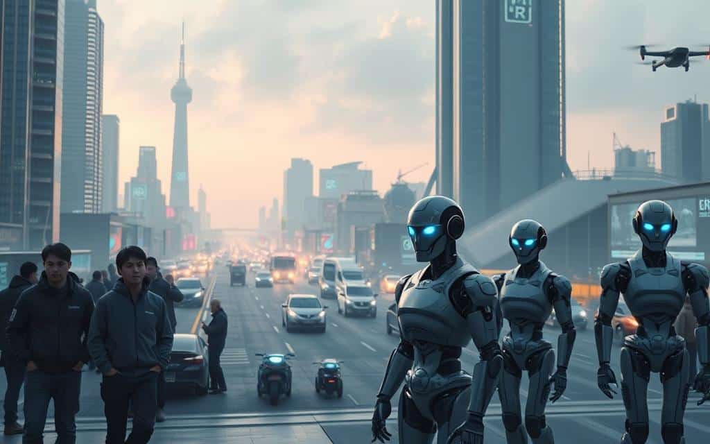 A vast, futuristic cityscape with towering skyscrapers and glowing holograms. In the foreground, a group of workers are being replaced by sleek, humanoid robots with glowing blue eyes and metallic limbs. The robots move with precision, efficiently carrying out tasks as the displaced workers watch, their faces etched with uncertainty and fear. The middle ground features a bustling, neon-lit street filled with autonomous vehicles and drones, while the background is dominated by a towering, monolithic structure symbolizing the powerful influence of artificial intelligence. The scene is bathed in a cool, eerie light, conveying a sense of unease and the unsettling reality of AI-driven job displacement.