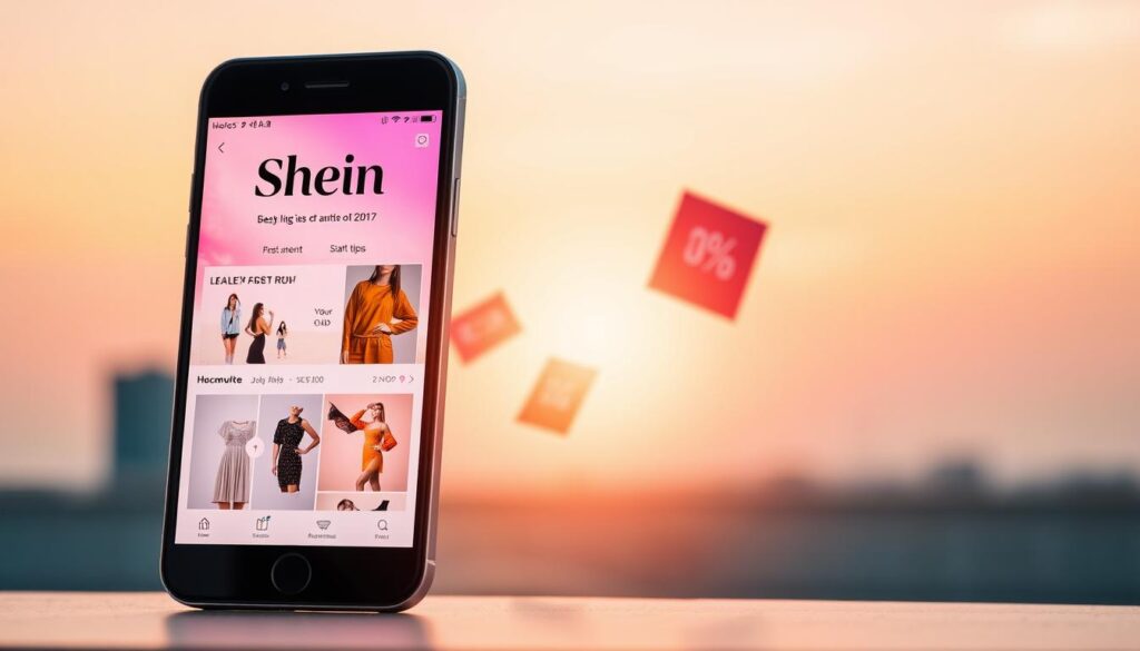 A vibrant, dynamic composition showcasing the Shein mobile app's deals and discounts. In the foreground, the app interface is displayed on a sleek, modern smartphone, its screen illuminated by warm, diffused lighting. The middle ground features product images and discount tags, conveying a sense of excitement and value. The background subtly blends a soft, gradient-filled sky with a minimalist, urban landscape, creating a balanced and visually appealing scene. The overall mood is one of accessibility, convenience, and the thrill of discovering great fashion at unbeatable prices.