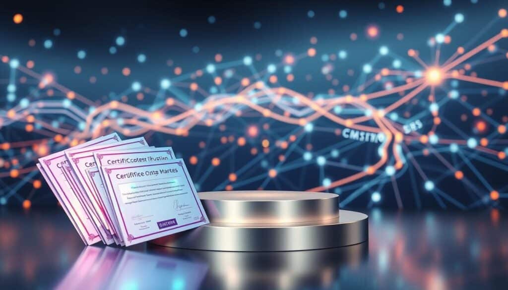 A visually striking scene of emerging professional certifications. In the foreground, a cluster of holographic certificates glimmering with futuristic hues, representing the latest advancements in credentialing. The middle ground features a sleek, metallic podium with a minimalist design, symbolizing the modern, high-tech approach to certification programs. In the background, a dynamic, abstract landscape of interconnected data streams and digital pathways, suggesting the ever-evolving nature of the job market and the need for continuous upskilling. The lighting is crisp and clean, with a subtle hint of warm tones, creating a sense of innovation and progress. The overall composition conveys a sense of anticipation and excitement for the future of professional development.