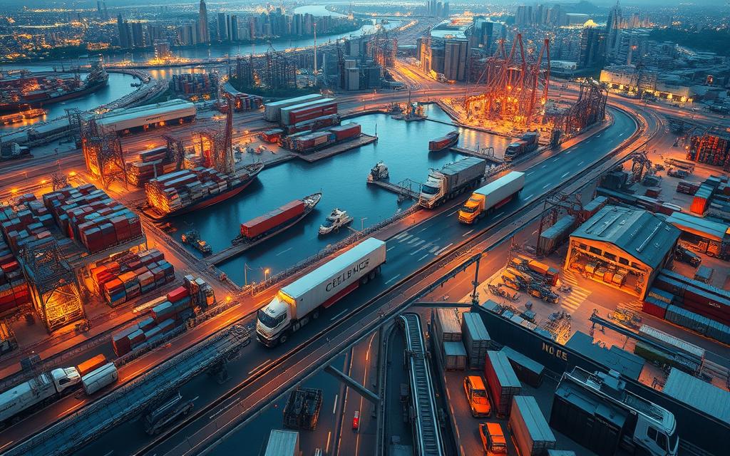 A visually stunning, meticulously detailed illustration of a comprehensive global supply chain. Set against a backdrop of a bustling cityscape, the foreground depicts a complex web of interconnected elements: factories churning out goods, cargo ships traversing the seas, semi-trucks navigating highways, and warehouses buzzing with activity. The middle ground showcases the intricate logistics of transportation and distribution, with conveyor belts, forklifts, and workers coordinating the flow of products. Subtle lighting casts a warm, industrial glow, highlighting the scale and complexity of this interconnected system. The overall composition conveys the sense of a well-oiled machine, efficiently delivering goods from source to consumer, as a crucial component of the modern global economy.