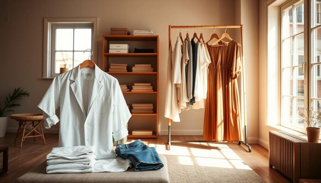 A warm, well-lit studio with natural sunlight filtering through large windows. In the foreground, a neatly arranged collection of sustainable wardrobe essentials - a classic white button-down shirt, a tailored linen blazer, a pair of high-waisted denim jeans, and a flowing midi-length dress in an earthy tone. Neatly folded and displayed, these pieces convey a sense of timelessness and versatility. In the middle ground, a wooden clothing rack showcases additional sustainable garments, each item carefully curated to create a cohesive and stylish capsule wardrobe. The background features minimalist shelves and storage solutions, hinting at a decluttered and organized lifestyle. The overall mood is one of simplicity, elegance, and a commitment to ethical fashion.