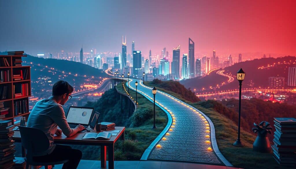 A well-lit, visually striking scene depicting the importance of continuous learning. In the foreground, a person sits at a desk, surrounded by books, laptops, and various learning materials, engrossed in their studies. The middle ground features a winding path, symbolizing the journey of lifelong learning, with signposts and milestones along the way. In the background, a vibrant, futuristic cityscape serves as a backdrop, hinting at the endless possibilities that continuous learning can unlock. The lighting is warm and inviting, creating a sense of motivation and inspiration. The overall composition conveys the idea that continuous learning is a vital and empowering process that opens doors to personal and professional growth.