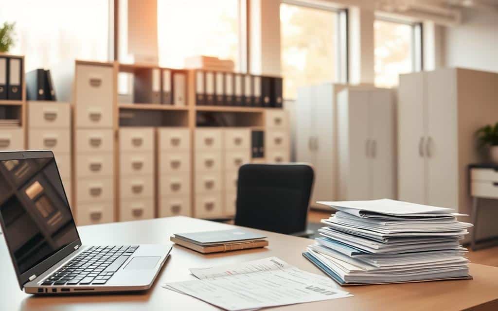A well-organized office space with a clean, modern aesthetic. In the foreground, a desk with a laptop, calculator, and neatly stacked financial documents. In the middle ground, filing cabinets and shelves containing labeled folders and binders. The background features large windows letting in warm, diffused natural light, creating a calming, productive atmosphere. The overall mood is one of efficient financial management, with a focus on organization and attention to detail.