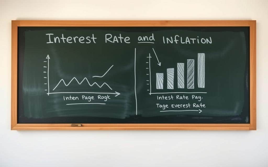 A wide-angle view of a chalkboard against a soft, neutral background. On the chalkboard, a graphical representation of the relationship between interest rates and inflation, using simple yet informative line charts, bar graphs, and textual annotations. The lines and shapes are drawn in a bold, chalky style, with a touch of warmth and imperfection to convey a sense of hand-drawn authenticity. The overall scene has a calm, educational atmosphere, inviting the viewer to study and understand the complex dynamics between these two economic indicators.