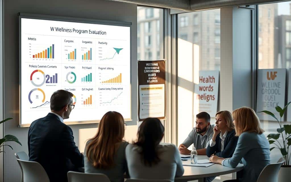 An office setting with a whiteboard or presentation screen displaying various metrics and charts related to wellness program evaluation. In the foreground, a group of business professionals gathered around a conference table, engaged in a discussion and analyzing the data. Soft, natural lighting filters through large windows, creating a warm and collaborative atmosphere. The background features inspirational motivational posters or artwork related to health and well-being. The scene conveys a sense of thoughtful consideration and a data-driven approach to understanding the effectiveness of corporate wellness initiatives.
