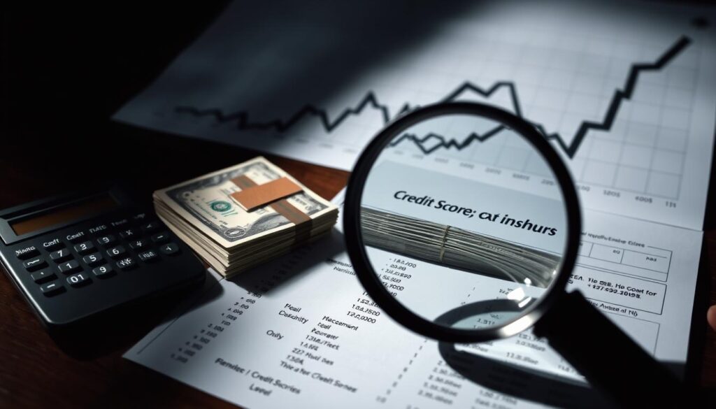 Detailed photograph of the impact of credit score on financial well-being. In the foreground, a magnifying glass examines a credit report, highlighting the key metrics. In the middle ground, a stack of dollar bills and a calculator symbolize the financial implications. In the background, a shadowy graph depicts the fluctuations of credit scores over time, casting an ominous tone. Crisp, high-resolution image captured with a sharp, wide-angle lens, emphasizing the interplay of elements. Dramatic lighting casts dramatic shadows, creating a sense of urgency and importance around the subject matter.